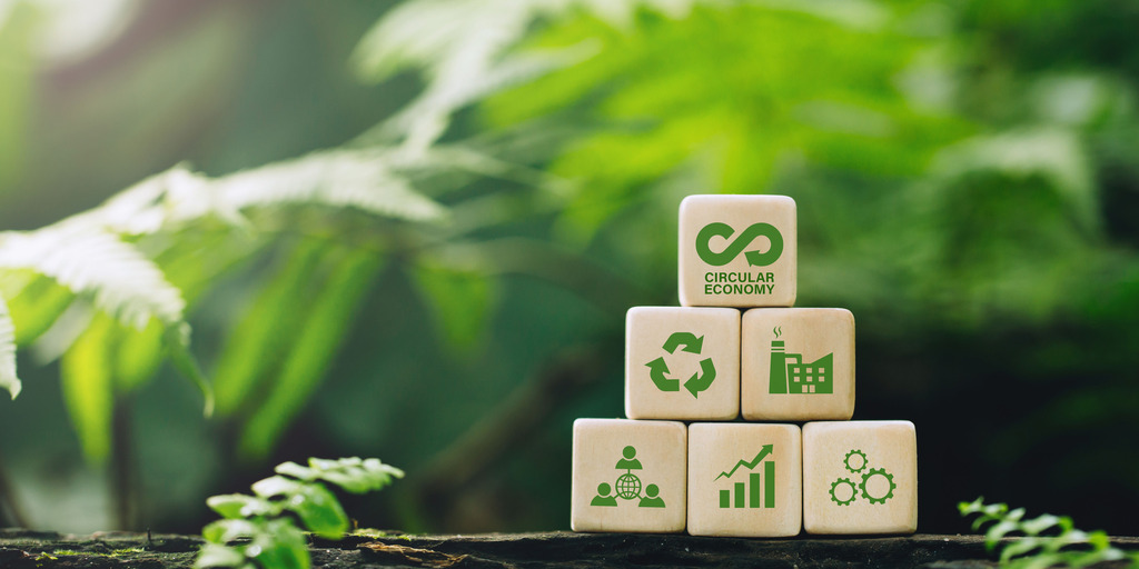 green background with cubes and circular economy symbols