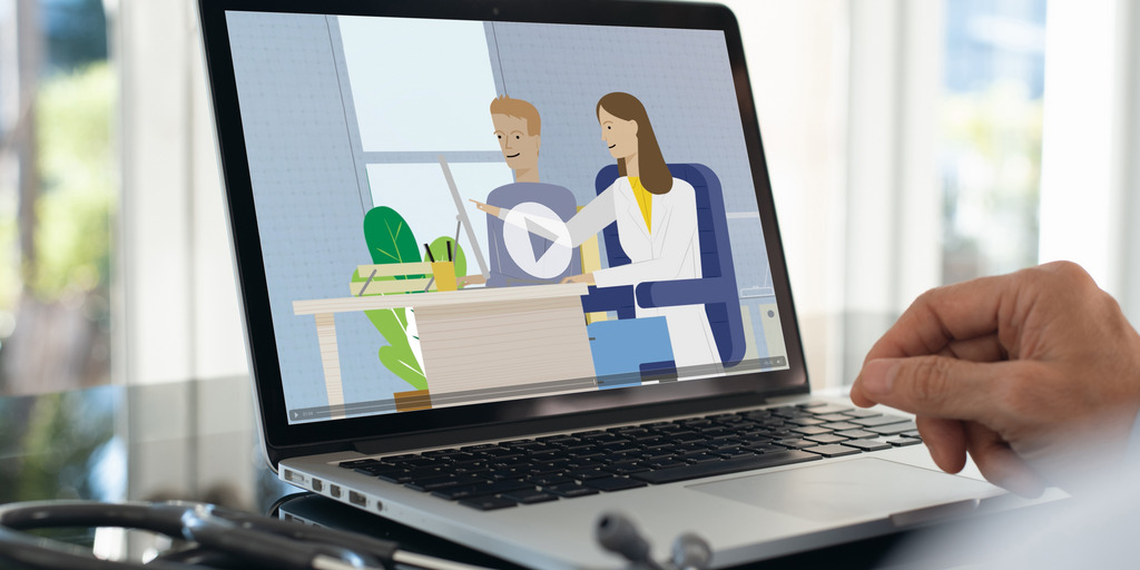 Monitor mit Animationsfilm zu digitalen Gesundheitsanwendungen