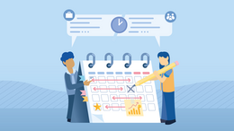 Grafik stellt 2 Personen dar, die vor einem Kalender stehen.