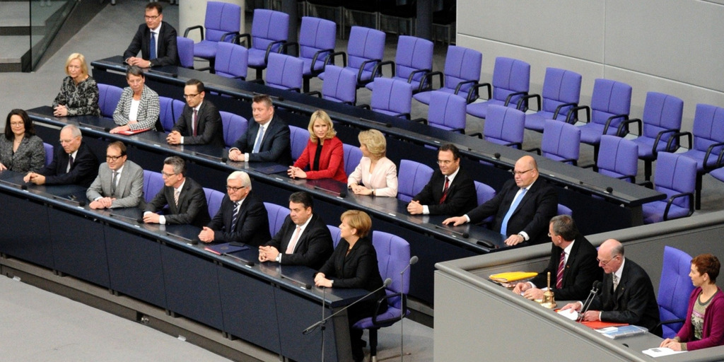 The German grand coalition cabinet of 2013 till 2017 is sitting on its benches in the federal parliament, the Bundestag, shortly after being appointed by the German President.