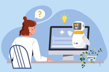 Illustration: Eine Frau sitzt am Schreibtisch vor einem Computer, auf dessen Bildschirm ein freundlicher Roboter erscheint; Sprechblasen mit Fragezeichen und eine Glühbirne symbolisieren Beratung, daneben steht eine Zimmerpflanze.