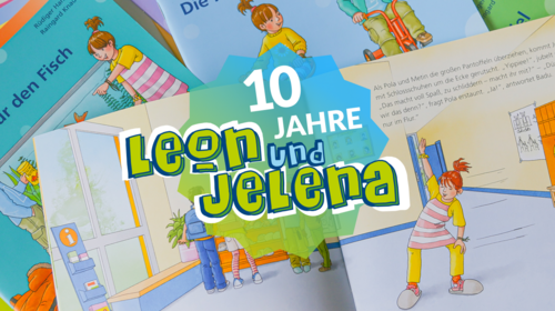 Mehrere Bücher von Leon und Jelena liegen übereinander. In der Mitte steht der Text: 10 Jahre Leon und Jelena.