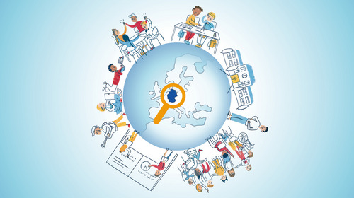 Auf einer Weltkugel, bei der eine Lupe auf Deutschland gerichtet ist, sind ein Schulgebäude und Szenen aus dem Schulalltag zu sehen.