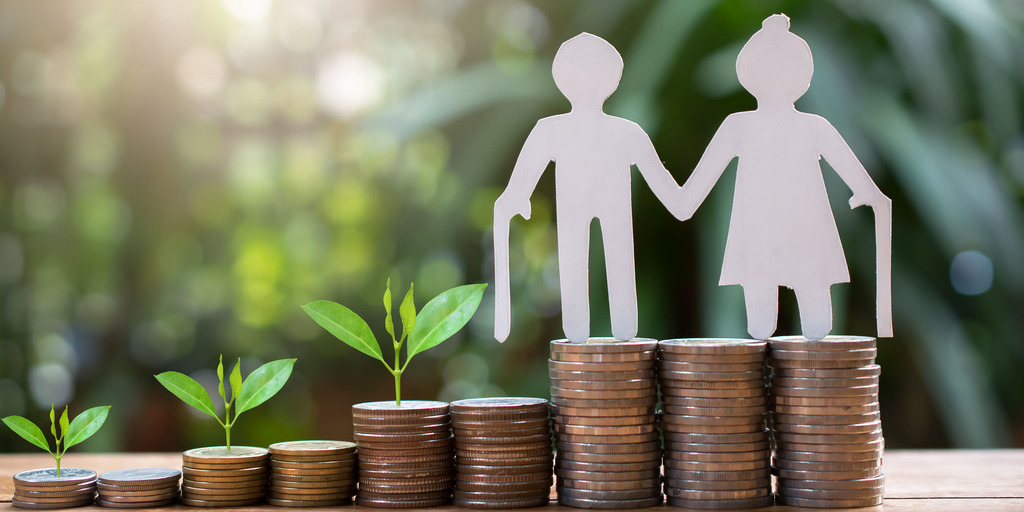 old couple model standing on money coins saving for concept investment mutual fund finance and pension retirement