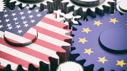 European Union and US of America flags on metal gears.