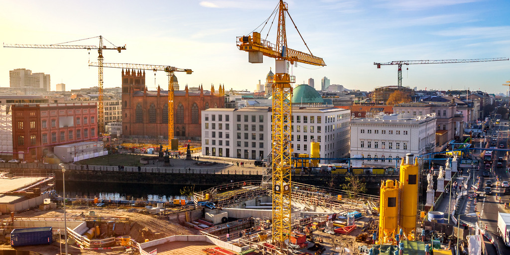 berlin, baustelle, berliner, schloss, humboldt, forum, kran, bauen, stimmungsvoll, bauarbeiten