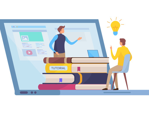 Eine Zeichnung zeigt einen aufgeklappten Laptop, auf dessen Tastatur ein Bücherstapel steht. Vor dem Bücherstapel stehen beziehungsweise sitzen zwei Personen.