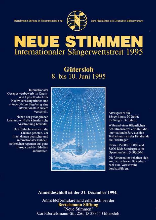Poster inviting applications for the 1995 NEUE STIMMEN Singing Competition