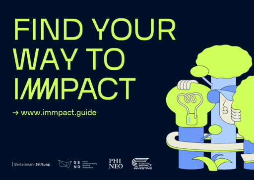 Grafik mit dem Titel "Find your way to IMMPACT". Auf der rechten Seite sieht man eine abstrakte Darstellung von drei Bäumen. Bei einem besteht die Baumkrone aus einer Glühbirne.