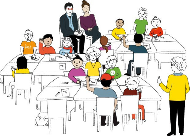 Illustration: ein Klassenraum, Kinder sitzen an drei großen Tischen in Gruppen zusammen, die Lehrerin erklärt etwas