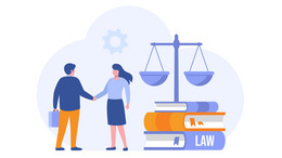 Eine bunte Zeichnung von einem Mann und einer Frau, die sich die Hand geben. Daneben sieht man die Waage der Justitia und ein paar Bücher zum Thema Recht