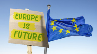 Next to a flying flag of Europe, a person who is not visible in the picture holds a placard inscribed with the words "Europe is future".