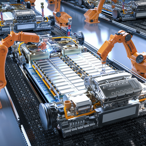 Blick in eine Fabrikhalle: Eine Roboter-Montagelinie baut auf einer Plattform die Batteriezellen für Elektroautos zusammen.