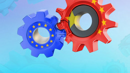 Flags of the European Union and China on two unacceptable gears.