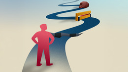 Das Bild zeigt eine stilisierte Illustration eines Menschen, der vor einem kurvigen Weg steht. Auf dem Weg befinden sich verschiedene Hindernisse – ein Spalt im Boden, eine Schranke und ein großer Felsblock – die symbolisch für Herausforderungen oder Hürden stehen.