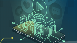 Eine grafische Darstellung eines liegenden Smartphones, auf dessen Bildschirm eine Miniatur des Reichstagsgebäude in Berlin zu stehen scheint. Über dem Reichstagsgebäude ist eine Schaltfläche für das Abspielen eines Videos zu sehen.