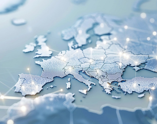 A stylized 3D map of Europe in cool blue tones, covered with bright dots and lines symbolizing a digital network or the interconnectedness of countries.
