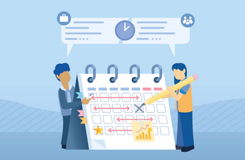 Grafik stellt zwei Personen dar, die vor einem Kalender stehen