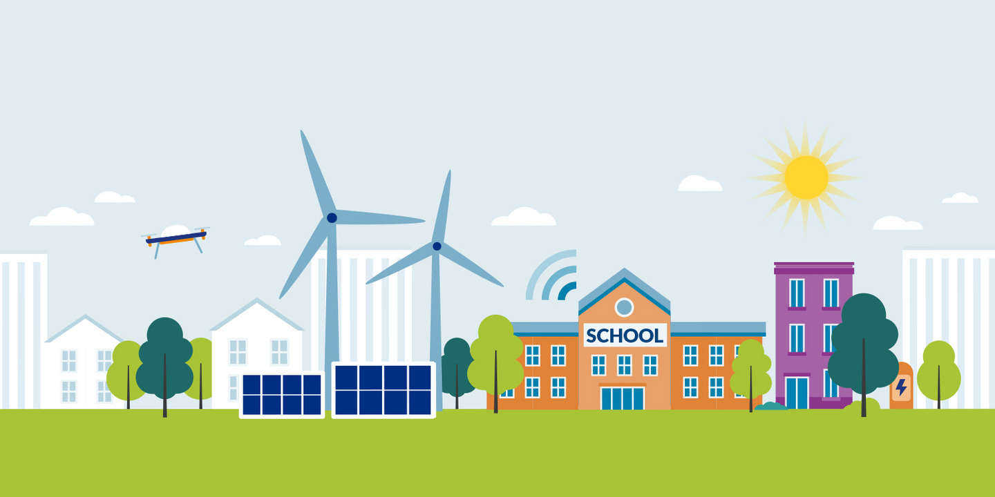 Graphic illustration with houses, windmills, school building