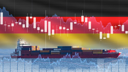 Containerschiff unter deutscher Flagge mit angedeuteten Börsenkursen