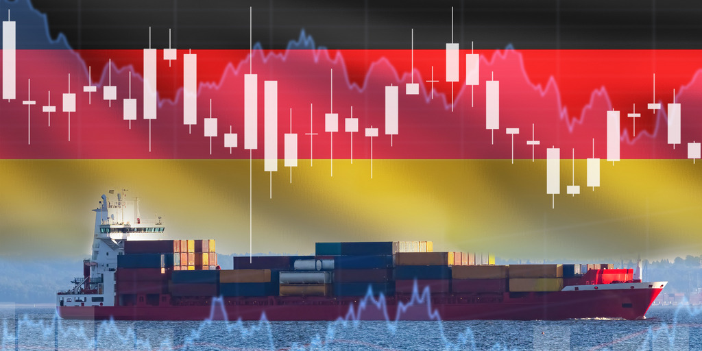 Containerschiff unter deutscher Flagge mit angedeuteten Börsenkursen