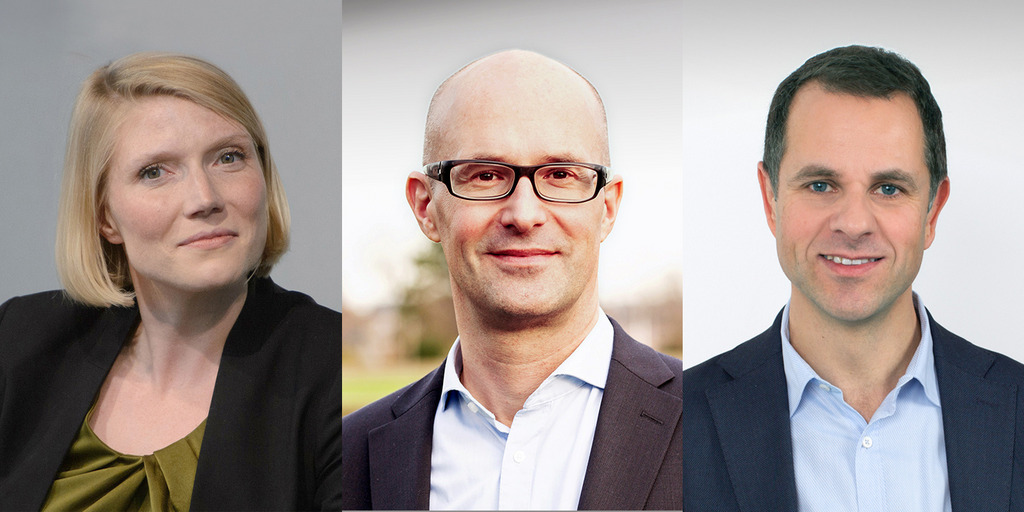 A collage of three portrait photos of the new members of Bertelsmann Stiftung's leadership team: Cathryn Clüver Ashbrook, Marek Wallenfels and Dirk Zorn.