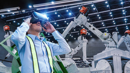 Engineers are using Virtual reality with VR glasses check and control automation robot arms machine in intelligent factory industrial on monitoring system software.