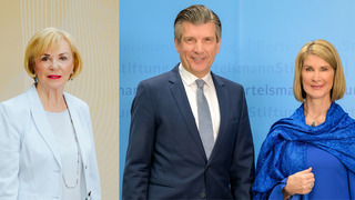A collage of pictures of Liz Mohn, president of the Liz Mohn Center, and the Bertelsmann Stiftung board members Ralph Heck and Brigitte Mohn.