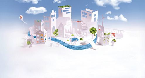 Auf dem Foto wird eine Stadt in Papierschnitt gezeigt. Im Hintergrund ist ein blau-weiß Verlauf.