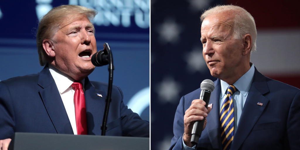 Eine Bildmontage zeigt US-Präsident Donald Trump und seinen Herausforderer Joe Biden während Redeauftritten.