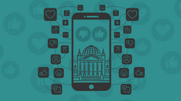 Türkiser Hintergrund mit stilisiertem Smartphone und Reichstagsgebäude auf dem Display
