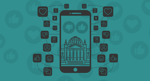 Türkiser Hintergrund mit stilisiertem Smartphone und Reichstagsgebäude auf dem Display