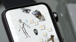 Auf einem Smartphone sind verschiedene Symbole und Bilder zu sehen, wie etwa der Kopf einer Statue, die eine VR-Brille trägt, ein Auge oder eine Zeichnung, die den Bewegungsablauf der Beine eines Menschen beim Laufen zeigt.