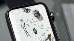 Auf einem Smartphone sind verschiedene Symbole und Bilder zu sehen, wie etwa der Kopf einer Statue, die eine VR-Brille trägt, ein Auge oder eine Zeichnung, die den Bewegungsablauf der Beine eines Menschen beim Laufen zeigt.