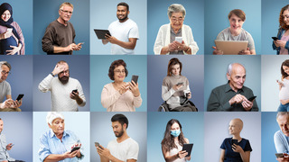 Collage von Patientinnen und Patienten die auf ein Smartphone oder Tablet schauen.
