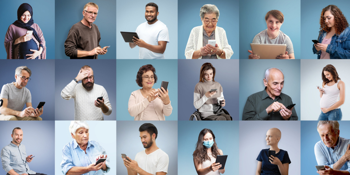 Collage von Patientinnen und Patienten die auf ein Smartphone oder Tablet schauen.