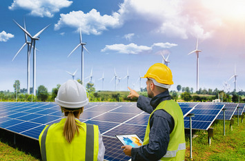 Mann und Frau in gelben Westen, die sich ein Wind- und Solar-Park anschauen