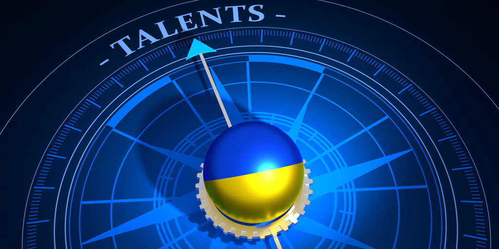 Pfeil in Farben der Ukrainefahne zeigt auf das Wort Talente