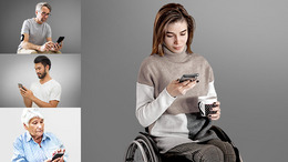 Eine Frau im Rollstuhl schaut auf ein Smartphone. drei kleine Bilder, auf denen Patienten auf ein Smartphone schauen.