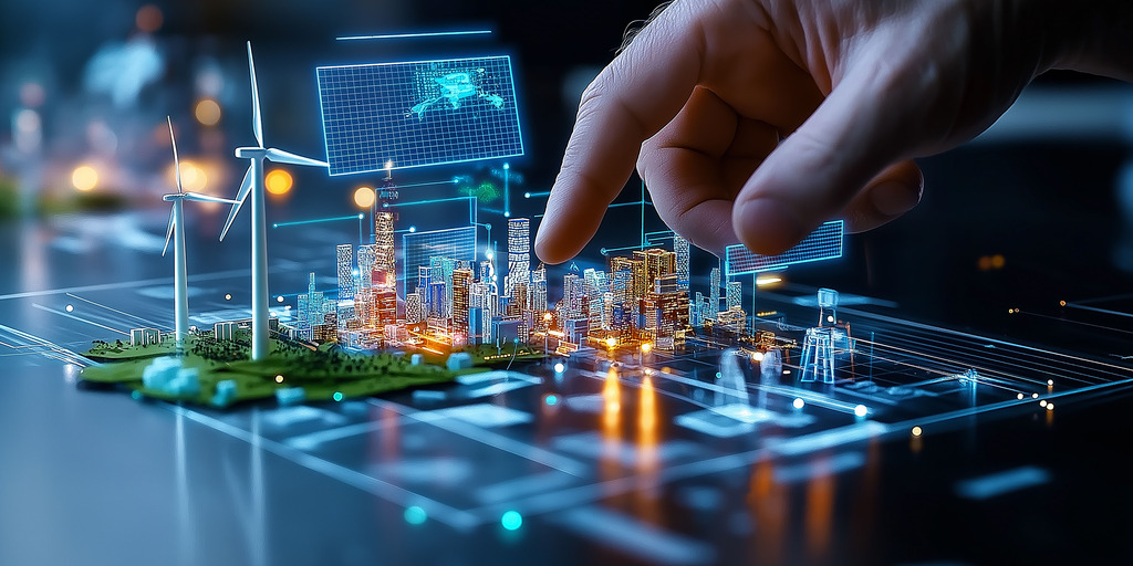 Eine Hand zeigt auf eine virtuelle Darstellung einer Stadt mit Solar- und Windenergieanlagen. Das Bild ist dunkel in Blautönen gehalten. 