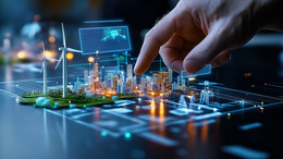 Eine Hand zeigt auf eine virtuelle Darstellung einer Stadt mit Solar- und Windenergieanlagen. Das Bild ist dunkel in Blautönen gehalten. 
