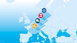 Länderkarte in blau, darauf sind verschiedene Ebenen und Symbole zu sehen.