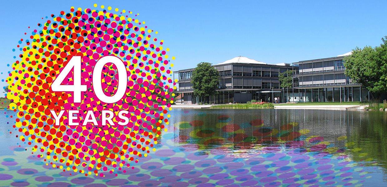 Headquarter Building Bertelsmann Stiftung tagged with a graphic for the 40th Anniversary