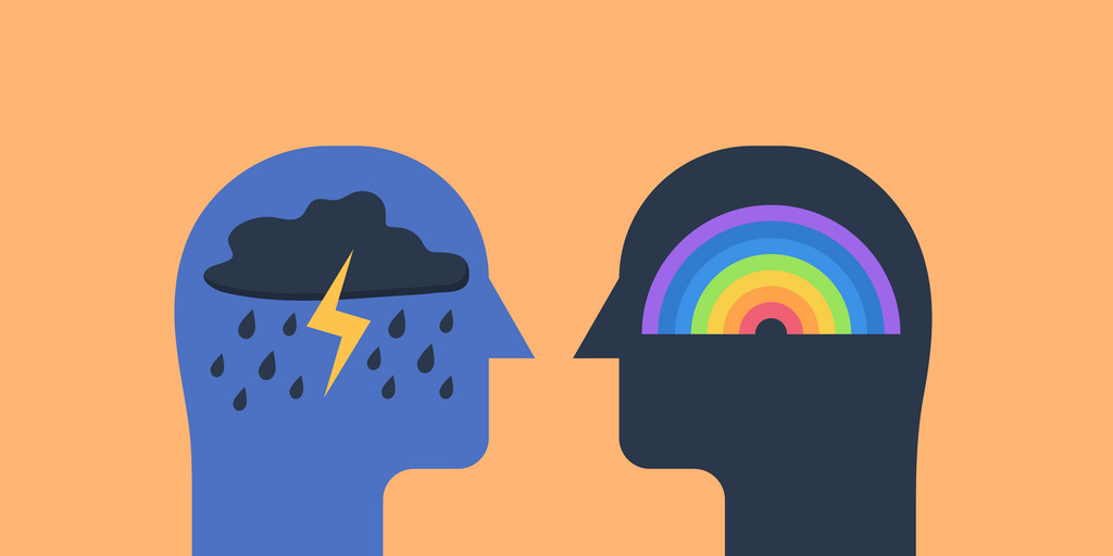 Schematische Darstellung von 2 Köpfen: in einem ist ein Regenbogen zu sehen, in dem anderen ein Blitz