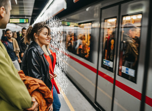 Frau steht auf dem Bahnsteig, wo ein Zug an Ihr vorbeifährt.