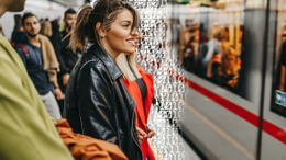 Personen stehen am Gleis und der Zug fährt gerade ein