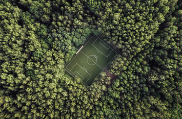 Fußballplatz im Park mit grünen Bäumen von oben