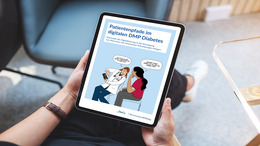 Zu sehen sind Hände, die ein Tablet in der Hand halten. Daraif ist das Cover der Studie " Patientenpfade im dDMP Diabetes" zu sehen.