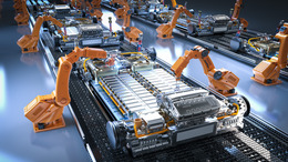Roboter-Montagelinie mit Elektroauto-Batteriezellen-Modul auf Plattform, Automation Automobilfabrik Konzept mit 3d Rendering Roboter-Montagelinie mit Elektroauto-Batteriezellen-Modul auf Plattform.