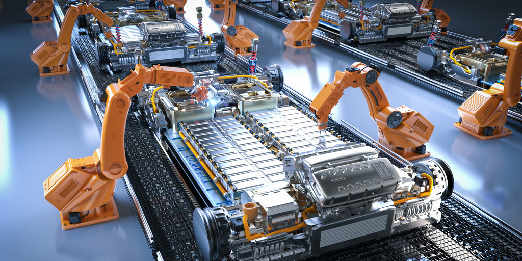 Roboter-Montagelinie mit Elektroauto-Batteriezellen-Modul auf Plattform, Automation Automobilfabrik Konzept mit 3d Rendering Roboter-Montagelinie mit Elektroauto-Batteriezellen-Modul auf Plattform.